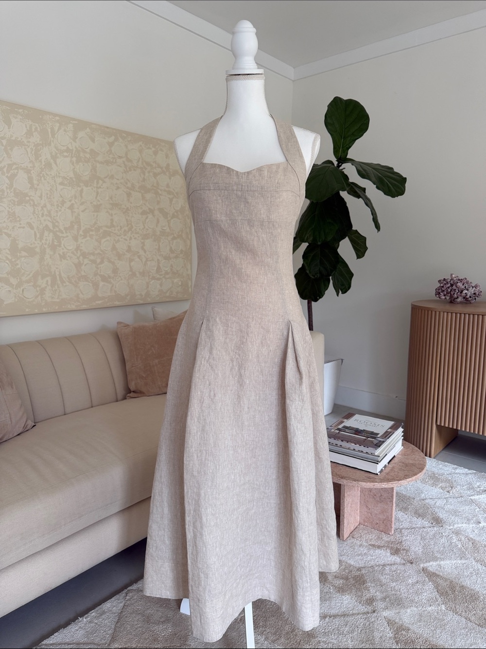 NICHOLAS Beige Halter Linen-Blend Midi Dress